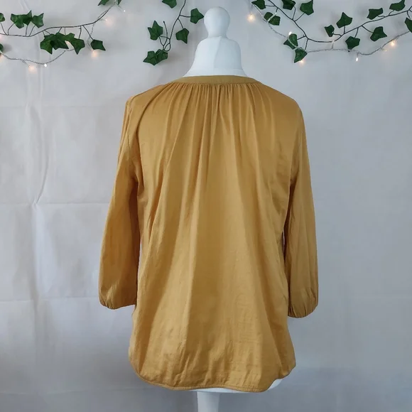 COS Mustard Yellow Side Tie Neck 3/4 Sleeve Relaxed Top Size M 100% Cotton Light - Picture 5 of 10